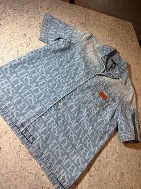 Versace Light Blue All-Over Logo Denim Button-Down Shirt